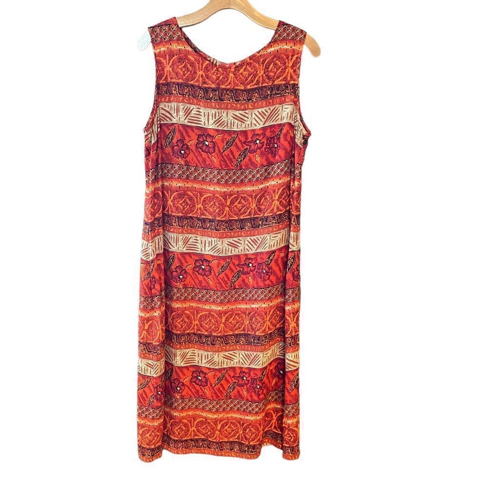 Willy’s New York Sz 10/12* Orange Rust Bali Tropical Sleeveless Vtg Tank Dress
